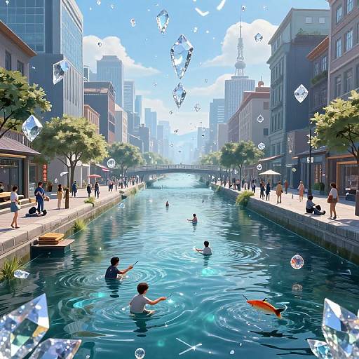 Crystal Time City with Shimmering Rivers