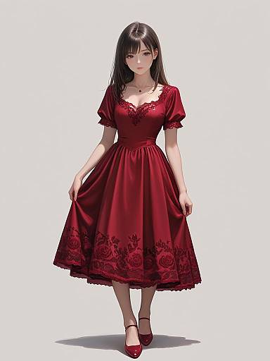 Realistic Woman in Red Lace Dress