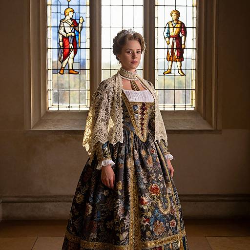 Photograph of a woman in an elaborate, Renaissance-style, embroidered gown with lace shawl, standing in front of colorful stained glass windows.