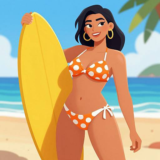 Digital illustration of a smiling, dark-haired woman in an orange polka-dot bikini holding a yellow surfboard on a sunny beach.