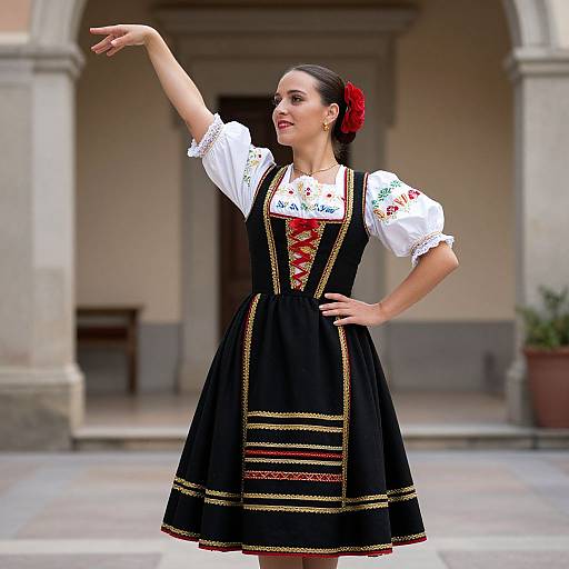 Photograph of a smiling woman in traditional Spanish flamenco dress, black with gold and red embroidery, white blouse, red flower in hair, pointing,
