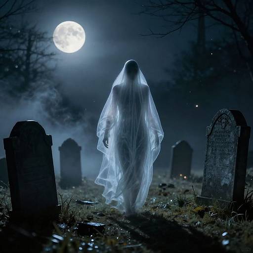 Moonlit Ghost in Foggy Graveyard