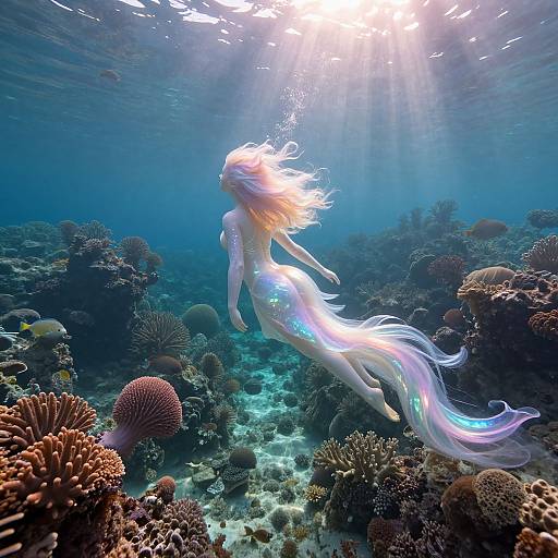 Photograph of a glowing, ethereal mermaid with long, flowing white hair, swimming through a vibrant underwater coral reef, illuminated by sunlight from above