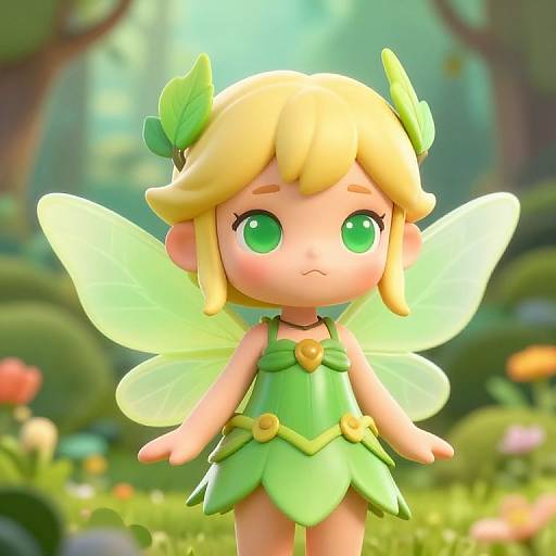 CGI image of a cute, blonde, green-eyed fairy with translucent wings, wearing a leafy green dress and headpiece, standing in a sunny