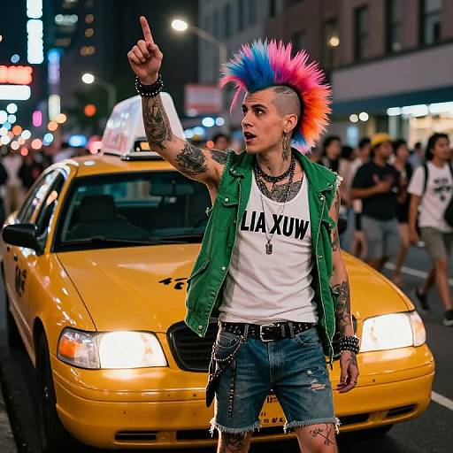 Photograph of a punk-rock male with blue and pink mohawk, green vest, white 