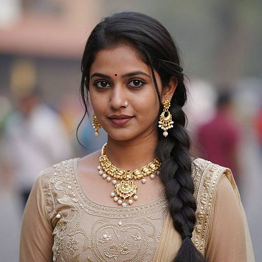 Photograph of an Indian woman with dark hair in a braid, wearing gold jewelry, intricate beige blouse, and nose ring, standing outdoors with a