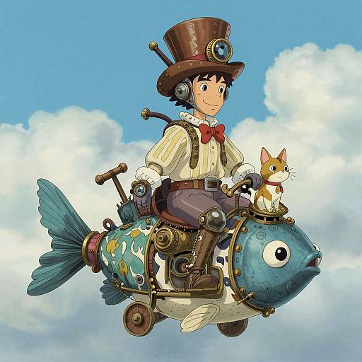 Steampunk Man and Cat on Fish Vehicle