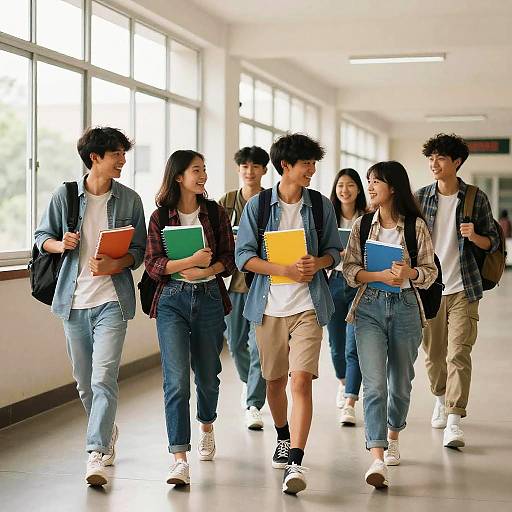 Group of Asian Students Walking in School Hallway