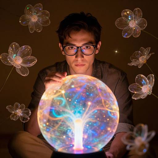 Photograph of a young man with dark hair and glasses, holding a glowing, iridescent orb surrounded by translucent flower-shaped lights against a dark background