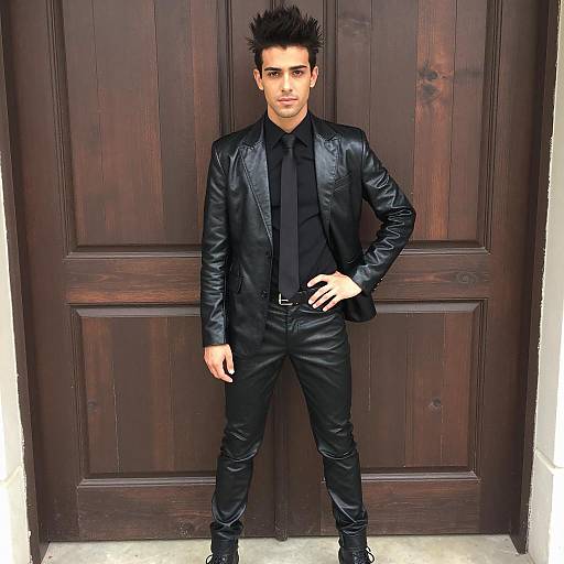 Young man in black leather suit standing confidently