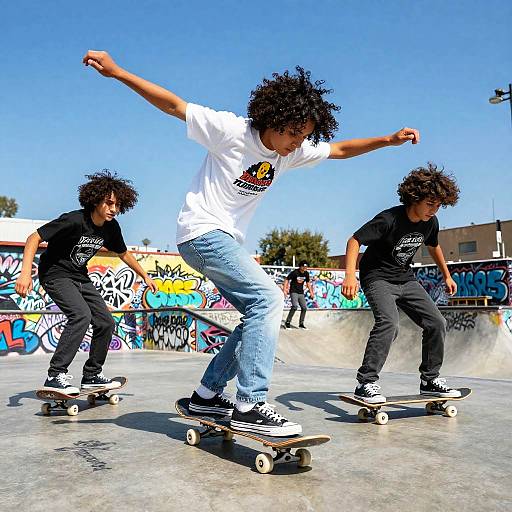 Photograph of three young Black men with curly hair, skateboarding at a vibrant, graffiti-covered skate park under a clear blue sky.