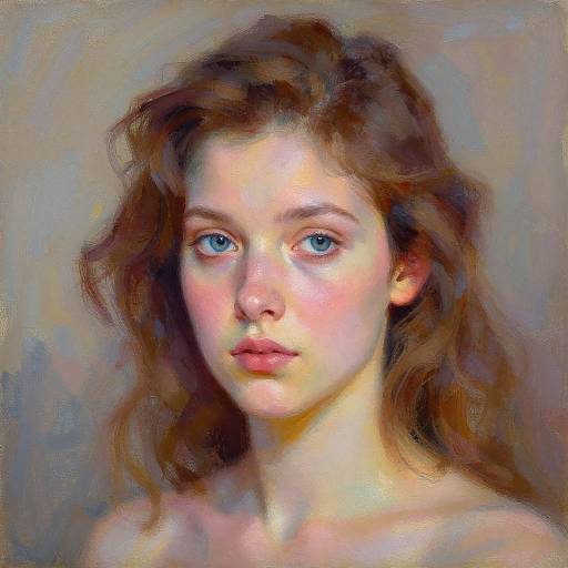 Digital painting of a young woman with blue eyes, wavy brown hair, and fair skin, staring directly ahead against a muted background.