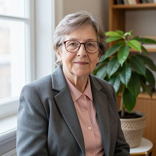 Photograph of an elderly woman with short gray hair, glasses, pink shirt, and gray blazer, smiling in a sunlit room with a green