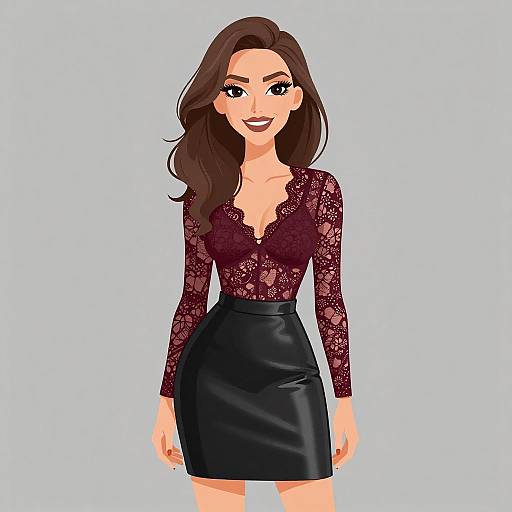 Digital illustration of a smiling woman with long brown hair, wearing a maroon lace long-sleeve top and a black leather skirt, against a light
