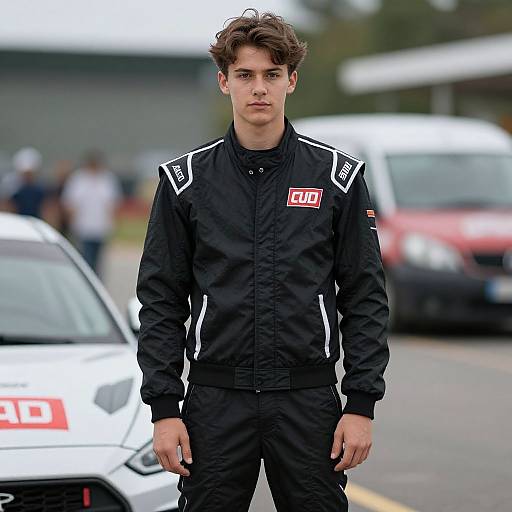Photograph of a young, handsome man with curly brown hair, wearing a black racing jacket with white stripes and 