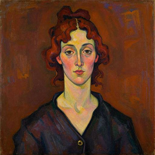 Expressionist painting of a woman with curly red hair, pale skin, and intense gaze, wearing a dark buttoned shirt, against a brown, textured