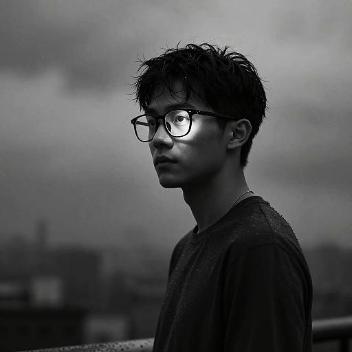 Monochrome Portrait of Young Man with Glowing Glasses