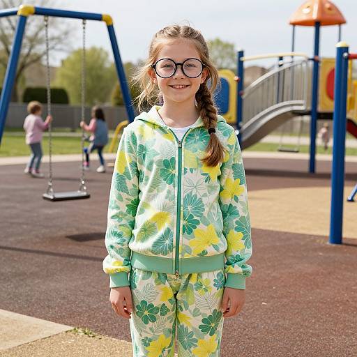 Photograph of a smiling young girl with glasses, wearing a green and yellow floral pajama set, standing in a sunny playground.