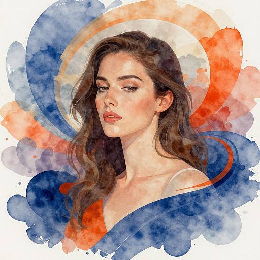 Watercolor portrait of a beautiful woman with long brown hair, red lips, and a blue and orange halo-like background.