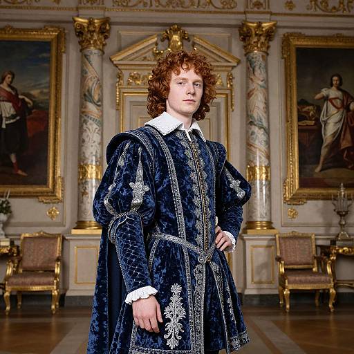 Photograph of a young, curly-haired boy in ornate, navy velvet Renaissance-style clothing, standing confidently in an opulent, gold-accented