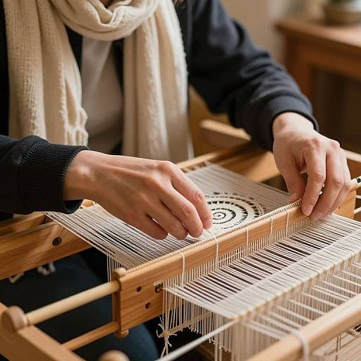 Photograph of a person with fair skin, wearing a black sweater and white scarf, weaving on a wooden loom with white yarn.