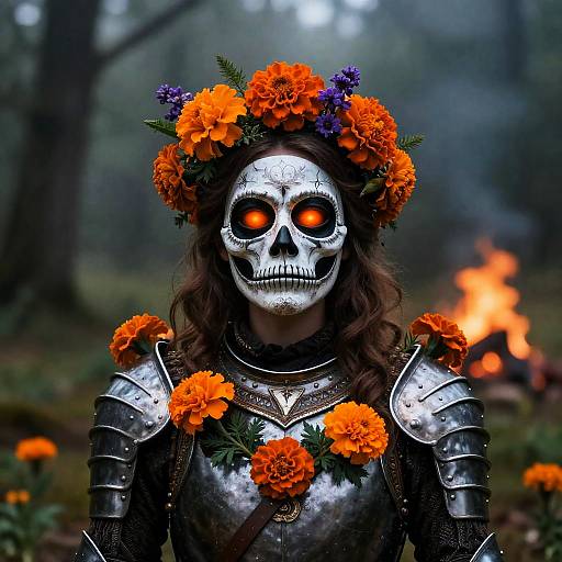Woman in Death Mask with Medieval Armor and Marigold Crown