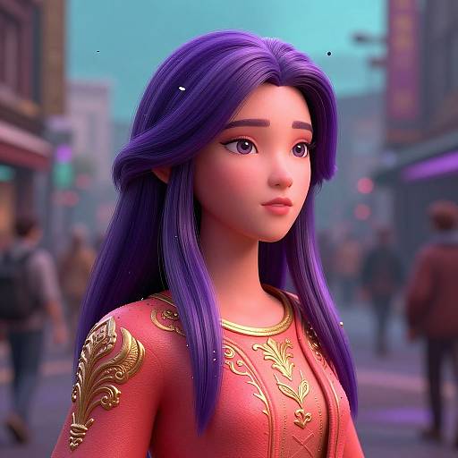 CGI portrait of a beautiful young woman with long purple hair, wearing an ornate red dress with gold embroidery, standing in a busy, blurred city