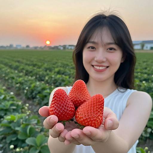 Photograph of a smiling Asian woman with long black hair, holding three vibrant red strawberries in her hands, set against a sunset over a green strawberry field