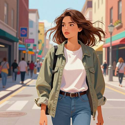 Digital illustration of a confident young woman with medium-length brown hair, wearing a green jacket, white tee, and blue jeans, walking down a sunny,