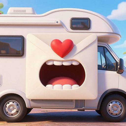 Digital cartoon of a white RV with a large, open mouth and a red heart on its side, parked on a sunny road.