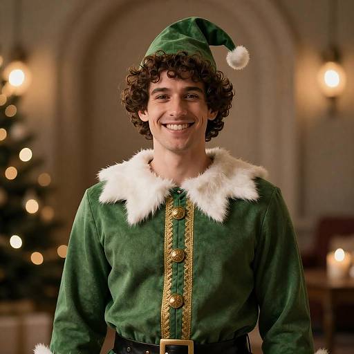Smiling Curly-Haired Elf in Green Costume