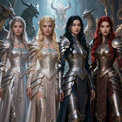 Digital fantasy artwork of four armored women with fair and dark hair, silver and dark armor, standing before dragon statues in a sunlit, mystical castle.