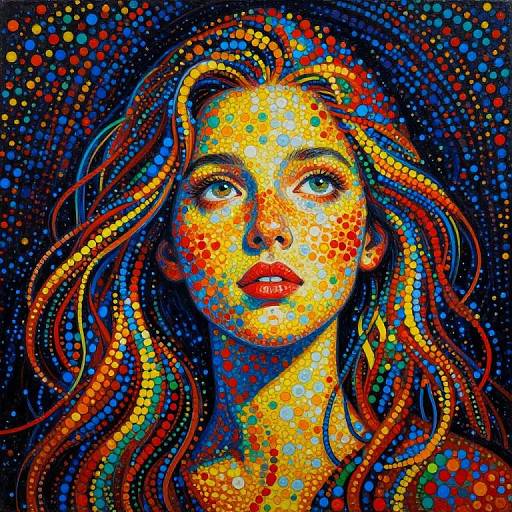 Vibrant digital portrait of a young woman with colorful, dot-patterned face and wavy hair, glowing in bright yellow, red, blue,