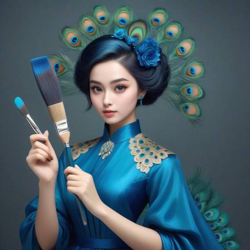 Charming Peacock in a Blue Dress