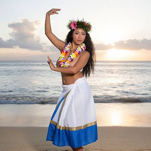 Photograph of a young Asian woman with long black hair, wearing a floral headpiece, colorful lei, white and blue skirt, topless, posing