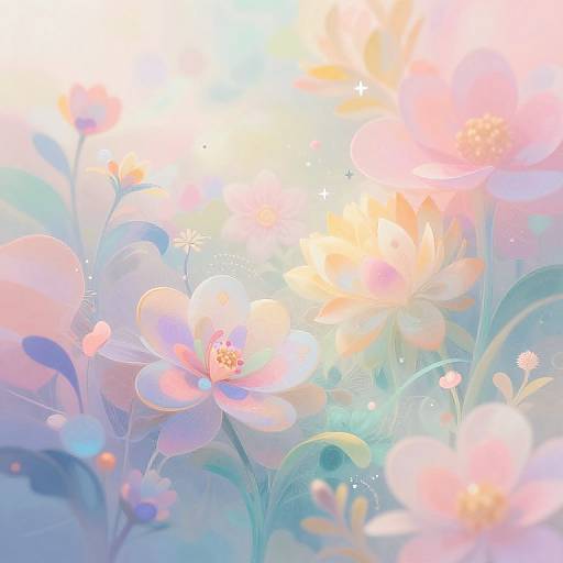 Digital artwork of pastel-colored flowers with soft gradients, glowing sunlight, and sparkling effects, creating a dreamy, ethereal floral scene.