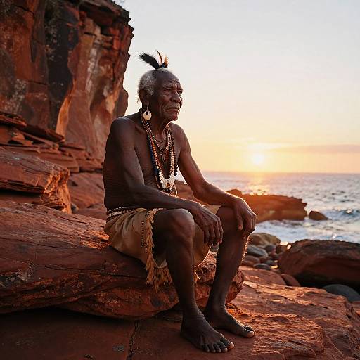 Indigenous Australian Elder at Coastal Red Sandstone Cliffs