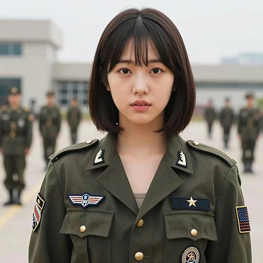 Photograph of an Asian woman with short black hair in an olive green military uniform, with various insignias, standing in front of a blurred background of