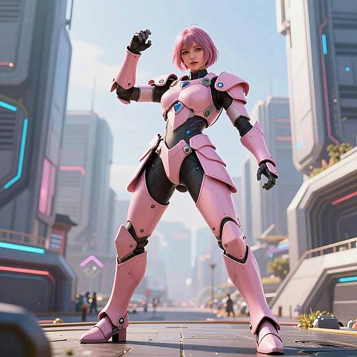 Dynamic Cyberpunk Girl in Pink Armor