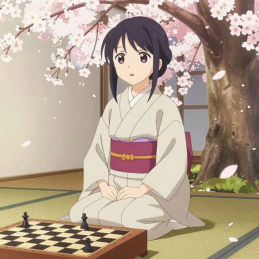 Anime Girl Playing Chess Under Cherry Blossoms