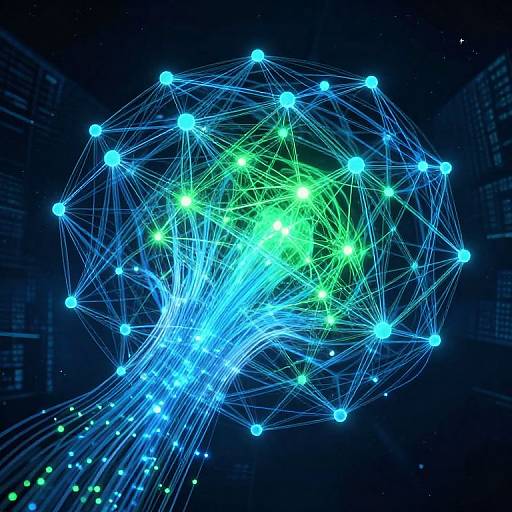 Digital artwork of a glowing, interconnected blue and green sphere against a dark, starry background with faint city buildings.