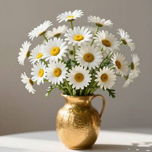 Photograph of a golden, textured vase holding a bouquet of bright white daisies with yellow centers, set against a softly lit, gray background.