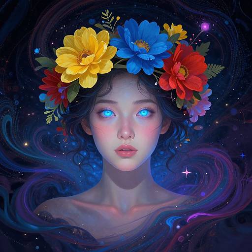 Digital art of a glowing-eyed, fair-skinned woman with a vibrant flower crown, surrounded by dark, cosmic swirls and stars.