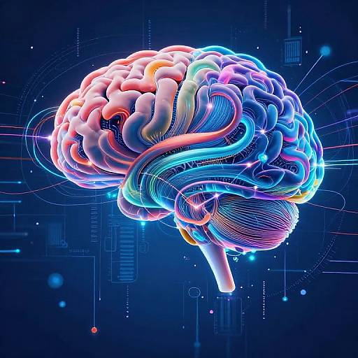 Digital art of a glowing, neon-colored human brain with vibrant pink, blue, and orange hues, set against a dark blue, tech-inspired background with