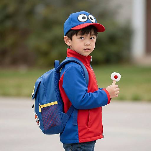 Photograph of an Asian boy with black hair, wearing a blue and red jacket, blue cap with eyes, blue backpack, holding a red and white