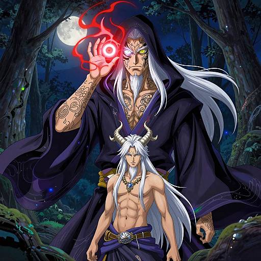 Digital anime art: Tall, tattooed, dark-robed demon with glowing red eye and fireball, stands behind muscular, horned, white-haired