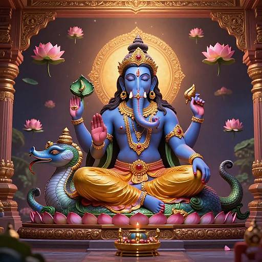 Digital artwork of blue-skinned Lord Vishnu with four arms, golden dhoti, serpentine Naga, surrounded by lotus flowers and