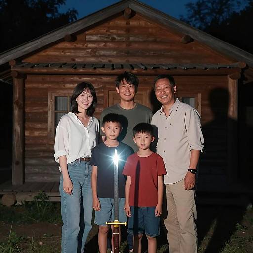 Family posing with sword in front of cabin at night