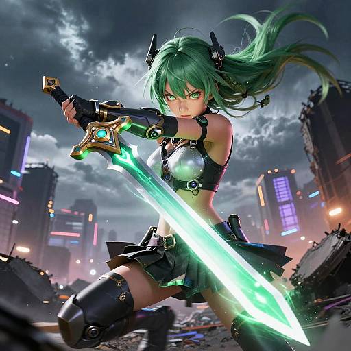 Digital anime artwork of a green-haired warrior with glowing sword, futuristic cityscape background, neon lights, intense expression, dynamic pose.