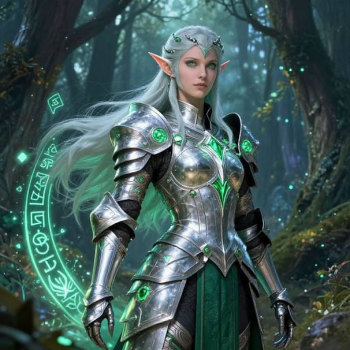 Digital artwork of a silver-haired, elven woman in glowing green-accented silver armor, standing in a mystical forest with luminescent runes.